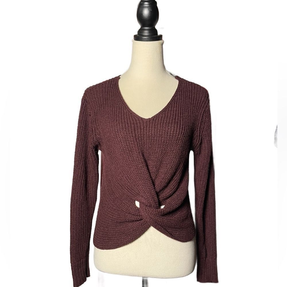 Poof New York Women's V-Neck Twist Front Knit Sweater in Burgundy (Size: Large)